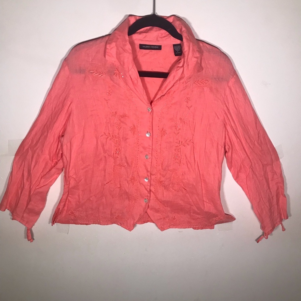 L linen valerie stevens pink embroidered embroidery beaded blouse shirt … - Picture 10 of 17